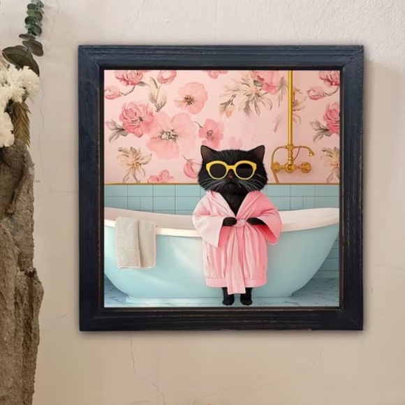 Framed Wooden Black Cat Art in Pink Robe with Bathtub Wall Decor 8x8” NWT - Picture 6 of 7